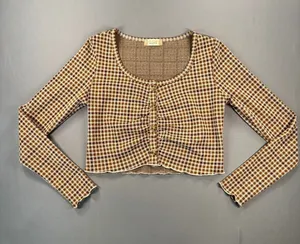 Altar'd State Brown and White Houndstooth Long Sleeve Button-Up Crop Top Medium thumbnail 1