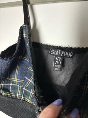 Current Mood Dolls Kill Navy Green Plaid Zip-Front Bralette top thumbnail 6