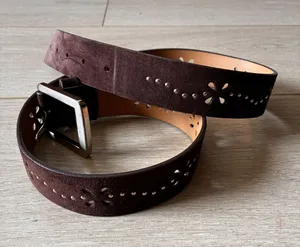 Brown Suede Leather Floral Studded Belt Silver Buckle Boho Western ML thumbnail 1