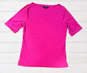 Lauren‎ Ralph Lauren Pink Boat Neck Elbow Sleeve Stretch Cotton Top Large thumbnail 1