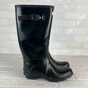 HUNTER Huntress Gloss Tall Rainboots Womens 8 Black Rubber Boots Wellington‎ 39 thumbnail 2