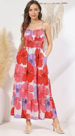 Grace Karin smocked ruffle floral maxi dress with pockets size medium thumbnail 1