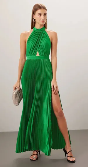 L’IDEE Sz10 Emerald Green Pleated Satin Halter Renaissance Cocktail Evening Gown thumbnail 1