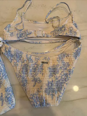 triangl swimwear Cream and Light Blue Smocked Bikini Set with Pouch thumbnail 3