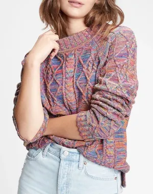 Gap Cable Knit Sweater Womens Large Multicolor Rainbow Space Dye Boho Pullover thumbnail 1