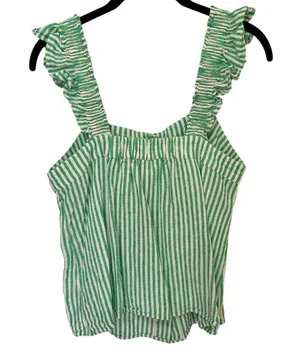 J. Crew Green Striped Linen Button Front Ruffle Top Small thumbnail 5