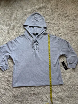 Lulu's Light Gray Lace-Up V-Neck Hoodie Sweater Size XS thumbnail 4