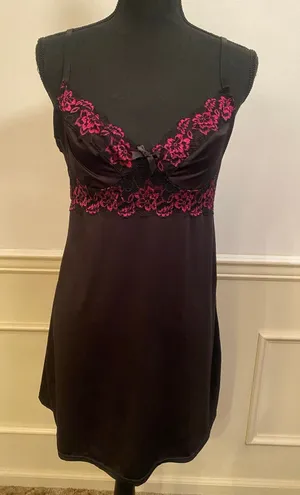 Black Chemise Nightgown Slip Dress with Pink Lace Trim and Bow Y2K thumbnail 1