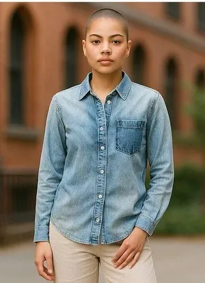 VOLCOM Denim Blue Jean Long Sleeve Button Up Down Shirt ~ Woman's Size 10 thumbnail 1
