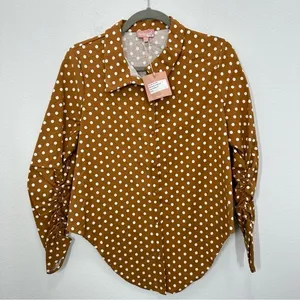 Revolve Le Rumi Size Small Carmel Brown Polka Dot Tie Front Button Down Crop Top thumbnail 2