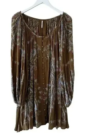 Free People Brown green hippie babydoll peasant dress balloon sleeves S #1993 thumbnail 1