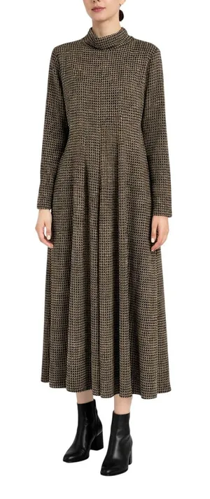 Alias 90s Vintage Tan and Black Houndstooth Long Sleeve Turtleneck Dress Medium thumbnail 1