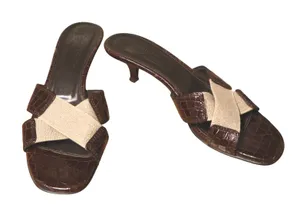 VTG Y2K Donald Pliner Kiki Kitten‎ Heel Sandal Size 7.5 Brown Croc Linen Leather thumbnail 1