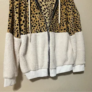 Leopard and White Sherpa Fur Zip Up Hoodie Jacket thumbnail 3