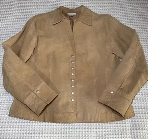 Coldwater Creek Suede Leather Jacket Women’s Large Tan Cowboy Snap Lined Western thumbnail 1