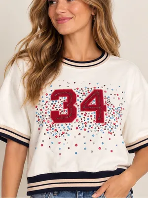 Anthropologie Cream Short-Sleeve Sweatshirt with Red '34' Graphic Sz S/P NWT thumbnail 1