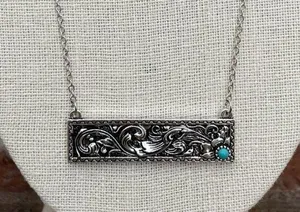 Filigree Bar Necklace with Turquoise Accented Flower - Silver thumbnail 1