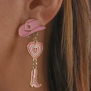 Fashion Jewelry Gold-tone Pink Enamel Cowgirl Dangle Earrings thumbnail 2