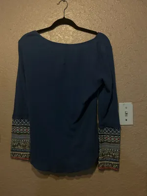 Sundance Henley Top Women medium Blue Boho Embroidered Waffle Knit Gorpcore thumbnail 3