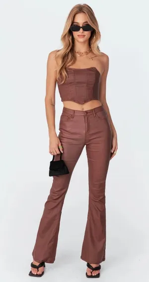 Brown Leather Pants Edikted Flare Petite thumbnail 1