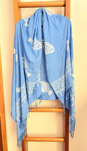Fish Print Sarong Wrap Scarf Blue thumbnail 1