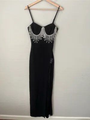 Lulus Divine Extravagance Black Rhinestone Fringe Bustier Maxi Dress Black NEW M thumbnail 3