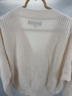 LOFT Cream Ribbed slouchy cropped cardigan S cotton casual fall winter neutral thumbnail 3