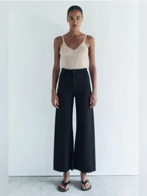Zara The Marine Straight Wide Leg Raw Hem Jeans in Black Size 0 thumbnail 2