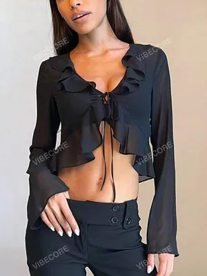 SheIn Women Solid Sheer Ruffle Front Tie Long Sleeve thumbnail 1