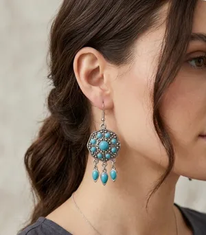 Womens‎ Boho Southwestern Silver Tone Turquoise Blue Dangle Drop Earrings 2.5" thumbnail 1