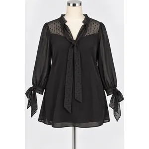 Zara Black Swiss Dot Mesh Tie Neck Mini Dress Long Sleeve Large Parisian Chic thumbnail 2