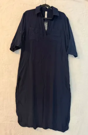 BMJL Womens Navy Blue Midi Shirt Dress V-Neck Roll Tab Sleeve Pockets‎ Large NWT thumbnail 1