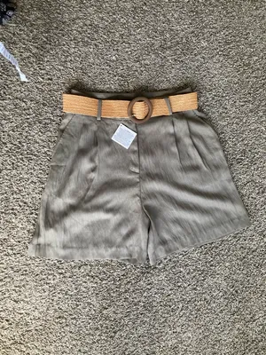 Zara High Waisted Linen Blend Bermuda Shorts Belted Size S NWT thumbnail 3