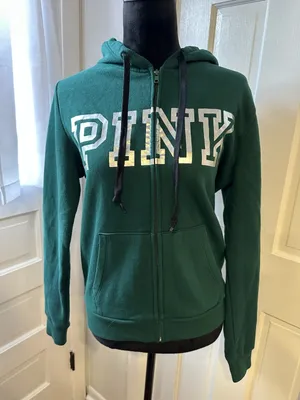 PINK Victoria’s Secret Green Zip Hoodie Silver Spellout Graphic Y2K Style Size M thumbnail 1