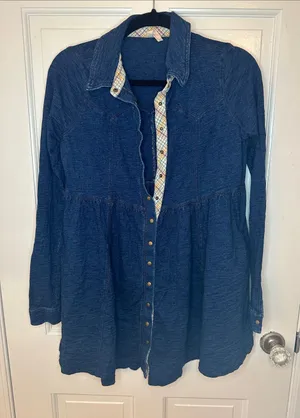 Free People Snap Front Denim Dress with Plaid accent size S EUC thumbnail 1