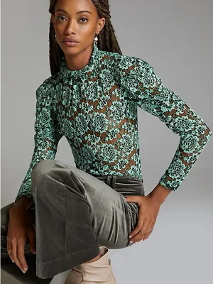 ANTHRO | DOLAN Sheer Lace Mockneck Blue Size M thumbnail 1
