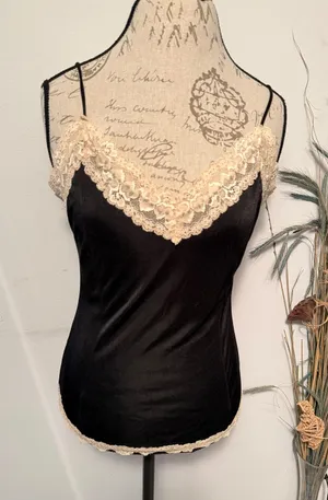 Vintage Victorias Secret Gold Label Black Lace Trim‎ Camisole Top Large USA Made thumbnail 1