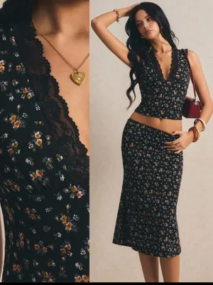 Floral 90’s Black two piece Midi Skirt - Women's New thumbnail 2