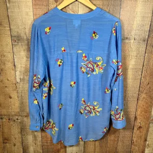 Fig and Flower Blue Floral Embroidered Roll Tab Button Down Top Large Boho L thumbnail 7