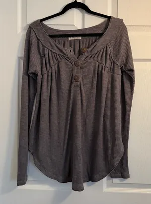 Free People We The Free Henley Top Gray Small Boho Waffle Knit Casual Loungewear thumbnail 1
