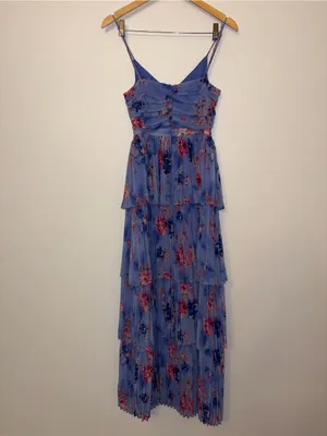 NWOT Pleated Floral Tiered Maxi Dress with Cutouts & 3D Flower Straps thumbnail 7