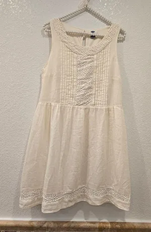 Old Navy Embroidered Swing Dress pintuck Pleats Lace Cream M thumbnail 1