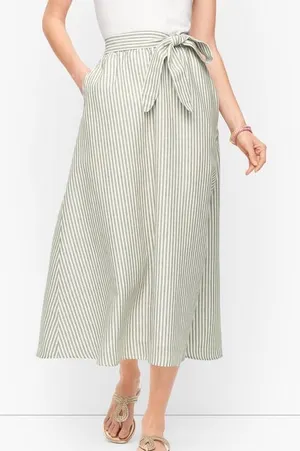 Talbots Linen Green and White Midi A-Line Skirt with Tie Front Size Medium thumbnail 1