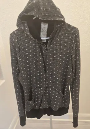 Q Womens 1X Zip Up Hoodie Sweatshirt Heart Micro Print Black White Y2K Pocket thumbnail 1