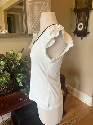 Women's off White V-Neck Ruffle Sleeve Top with Black Trim thumbnail 5