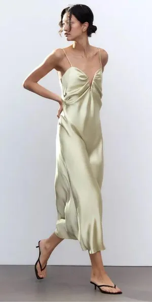 Zara dress maxi midi gown evening wedding party satin olive green corset thumbnail 5