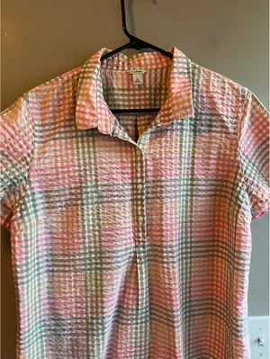 L.L.Bean Vacationland Seersucker Short Sleeve Popover Plaid Shirt Pink Green thumbnail 2