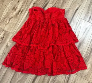 MAEVE x ANTHROPOLOGIE | Strapless Layered Mini Dress Lace Red Orange | Small thumbnail 1