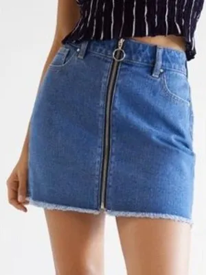 PACSUN Front Zip Mini Jean Skirt, Raw Hem thumbnail 1