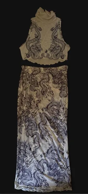 Beige Dragon Print Maxi Skirt and Top Set - Women thumbnail 1